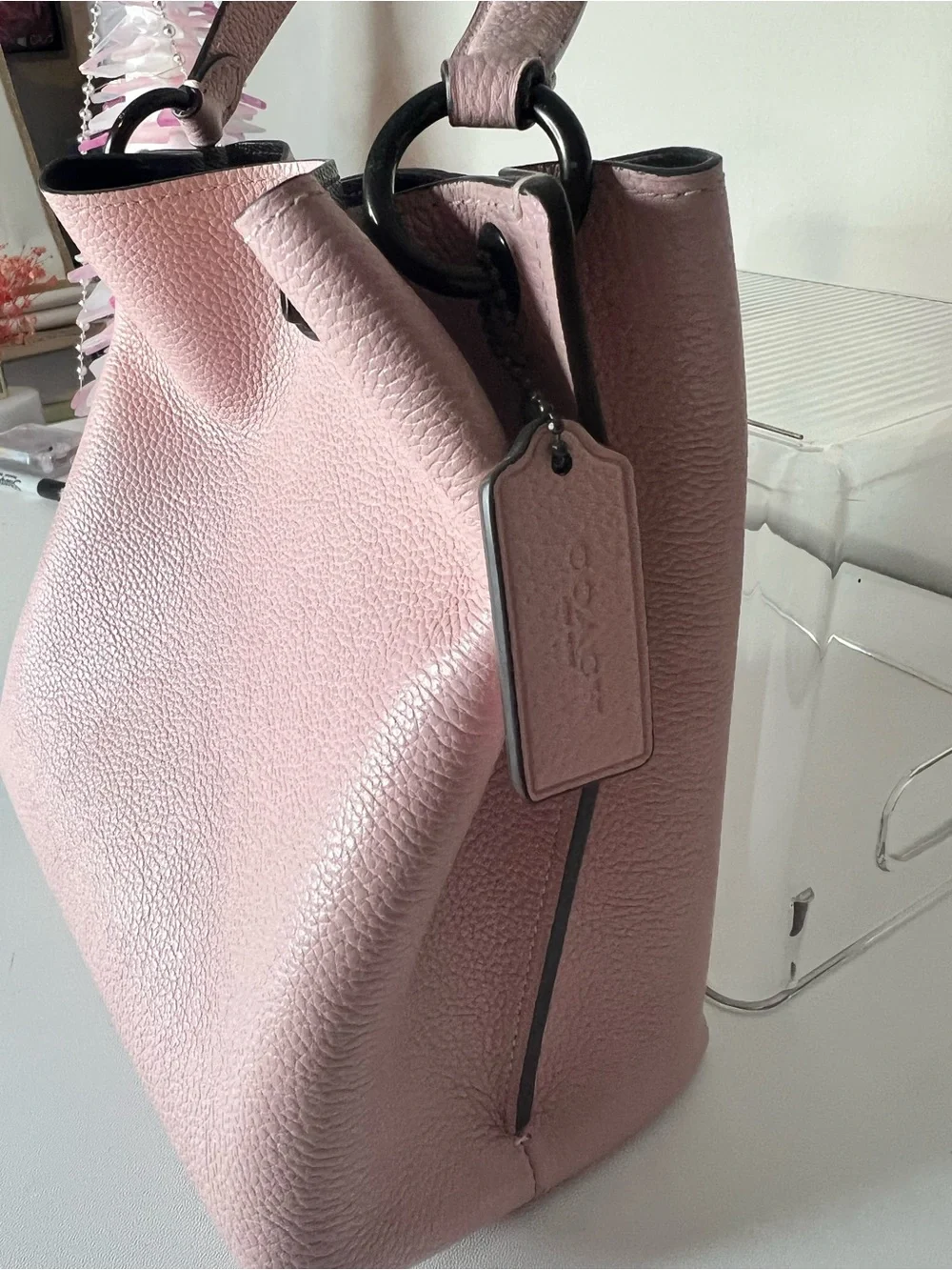 Coach Pink Pebbled Leather Shoulder Bag with Black Trim